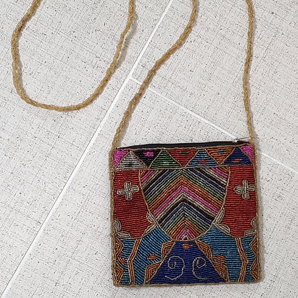 Vtg. Elegant Hand Beaded Jewel Tone Egyptian Art Deco Crossbody Evening Bag EUC